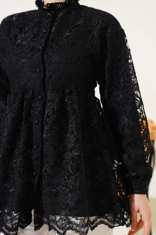 Chemise boutonnée brodée sur le devant noire