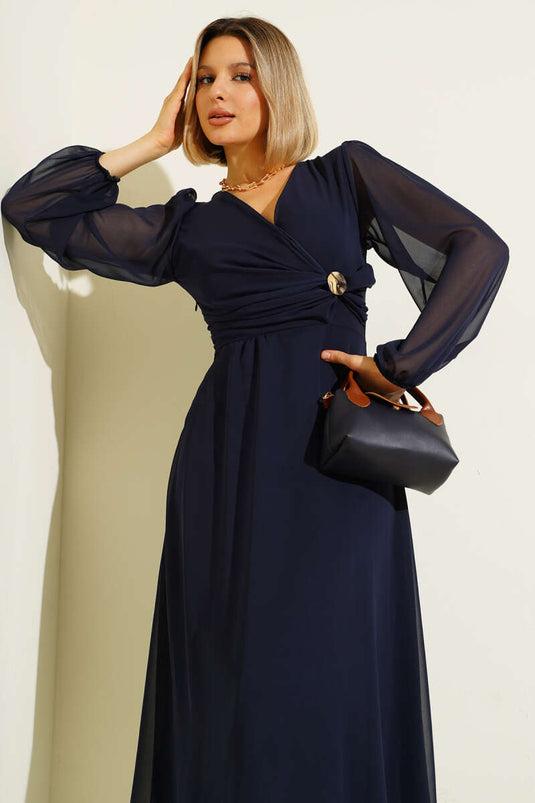 Bronş Detaylı V Yaka Elbise Lacivert