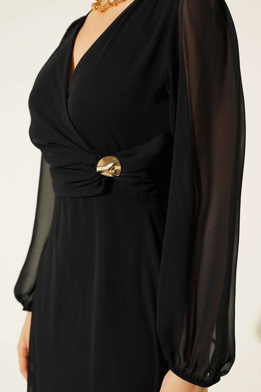 Kleid mit Bronzdetails und V-Ausschnitt, Schwarz