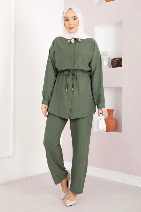 Tunic Set with Brooch Detail and Waist Tunnel in Khaki