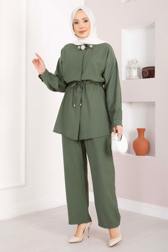 Tunic Set with Brooch Detail and Waist Tunnel in Khaki