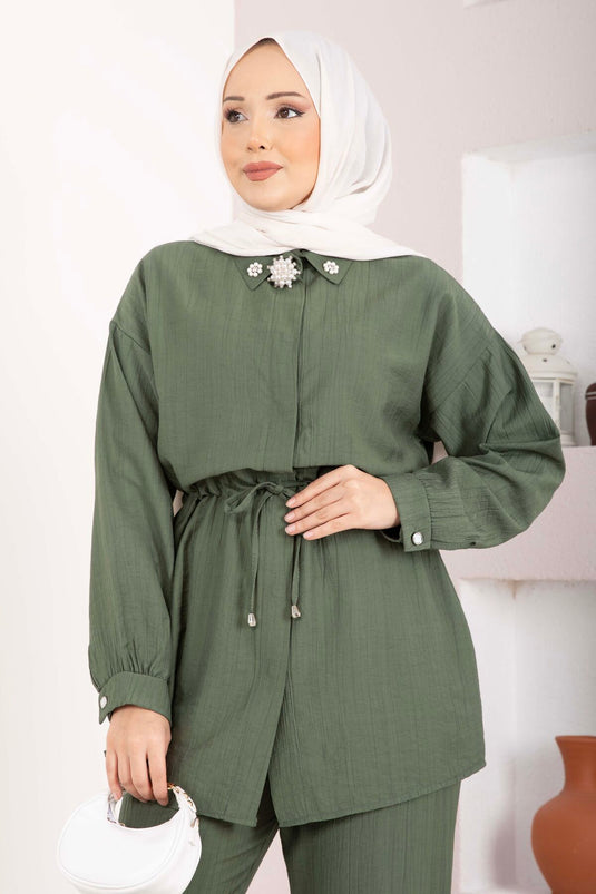 Tunic Set with Brooch Detail and Waist Tunnel in Khaki