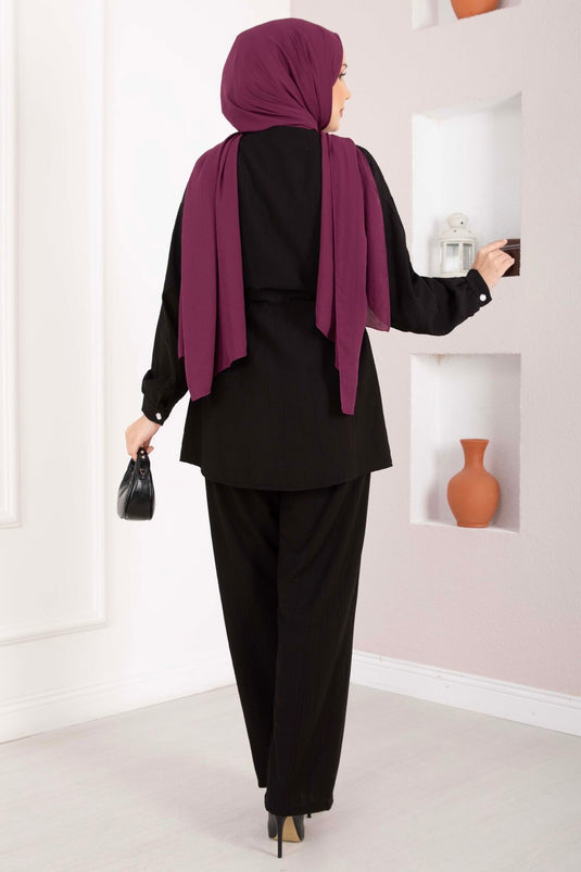 Tunic Set with Brooch Detail and Waist Tunnel Black