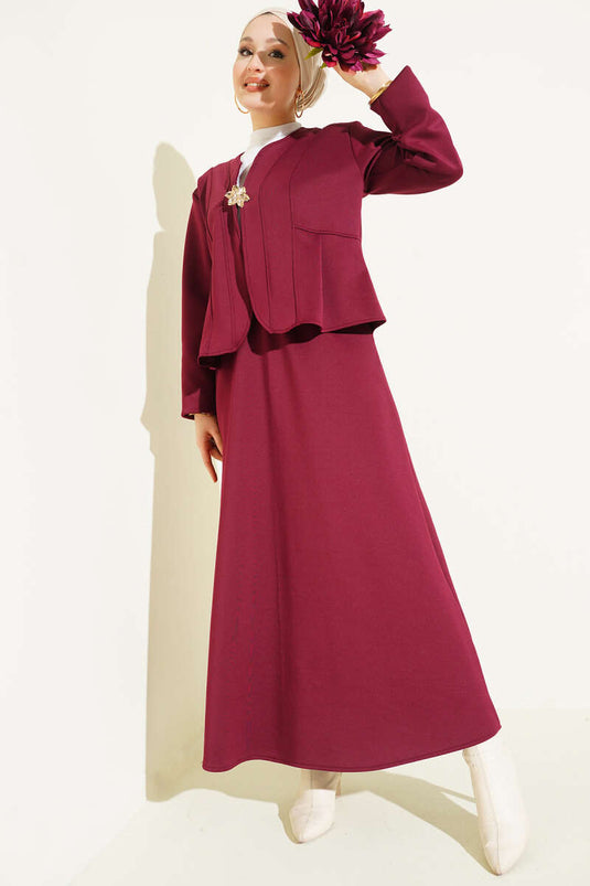 Broşlu Etekli İkili Takım Bordo