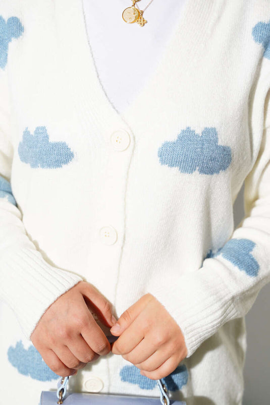 Cardigan boutonné en tricot à motif nuage écru
