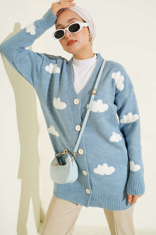 Cloud Patterned Buttoned Knitted Cardigan Blue