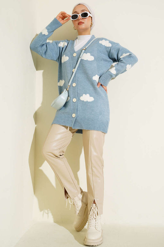 Cloud Patterned Buttoned Knit Cardigan Blue