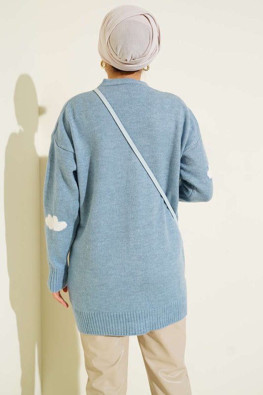 Cloud Patterned Buttoned Knit Cardigan Blue