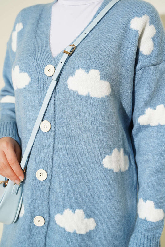 Cloud Patterned Buttoned Knitted Cardigan Blue