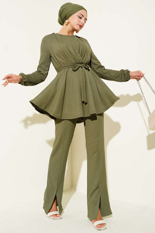 Ensemble deux pièces en crêpe kaki avec taille élastique