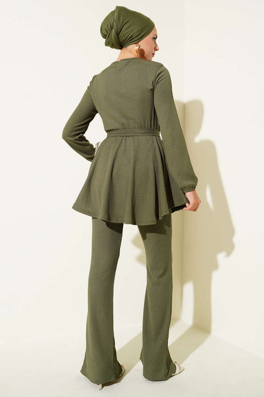 Ensemble deux pièces en crêpe kaki avec taille élastique