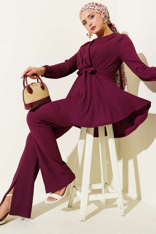 Bürümcük Bel Lastikli İkili Takım Mürdüm