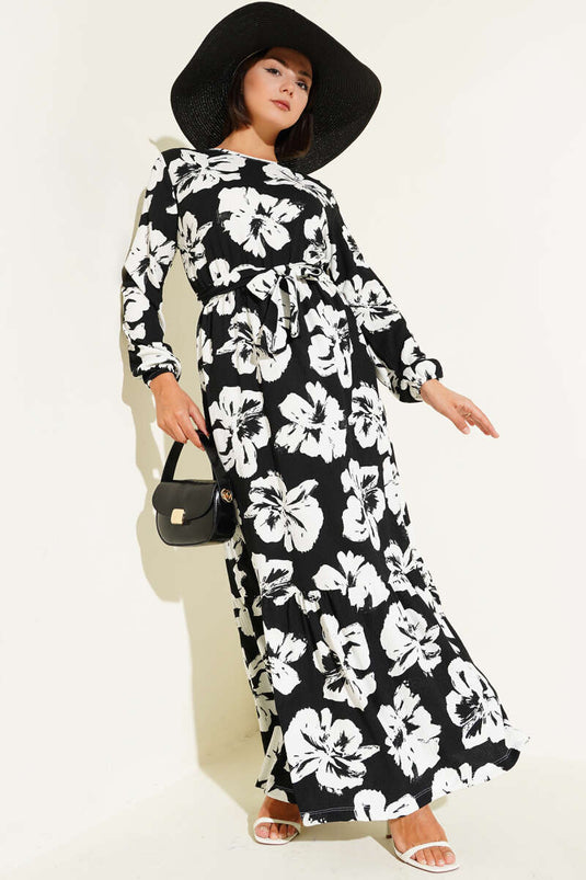 Bürümcük Çiçekli Kuşaklı Elbise Siyah