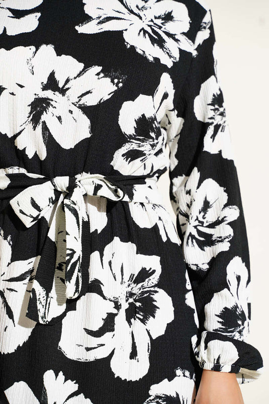 Bürümcük Çiçekli Kuşaklı Elbise Siyah