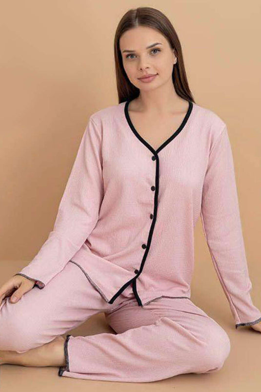 طقم بيجاما من الكريب بأزرار، لون وردي فاتح