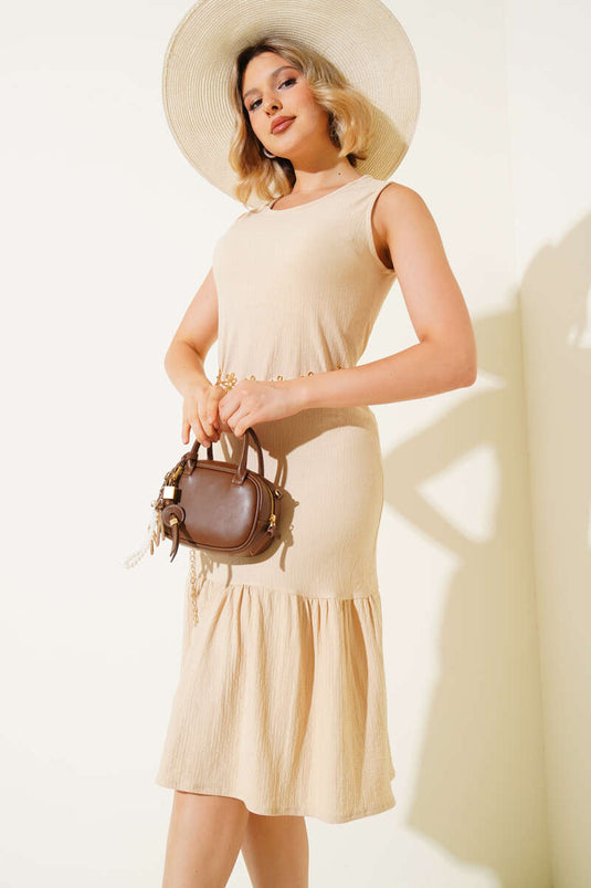 Bürümcük Kolsuz Midi Elbise Camel