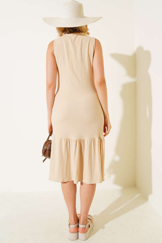 Bürümcük Kolsuz Midi Elbise Camel