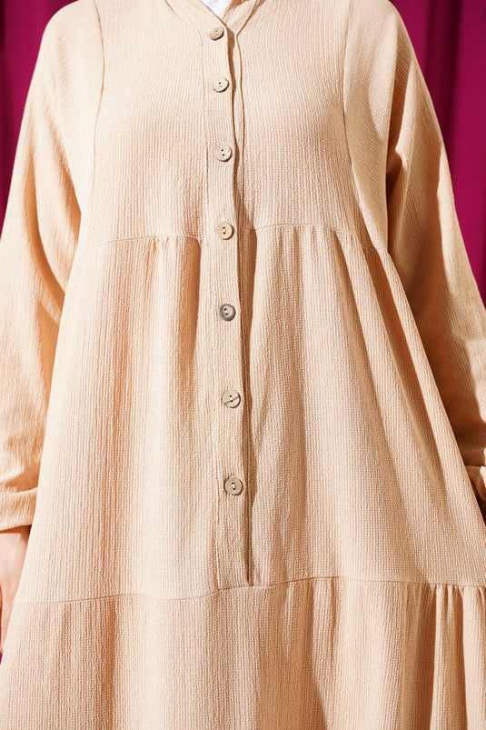 Bürümcük Önü Düğmeli Elbise Bej