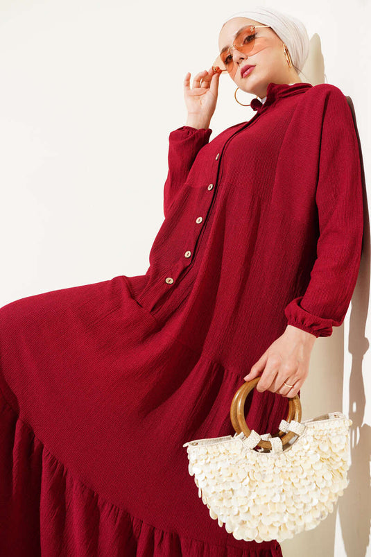 Bürümcük Önü Düğmeli Elbise Bordo