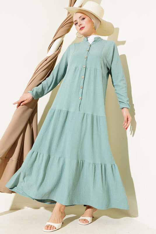 Bürümcük Önü Düğmeli Elbise Çağla Yeşili