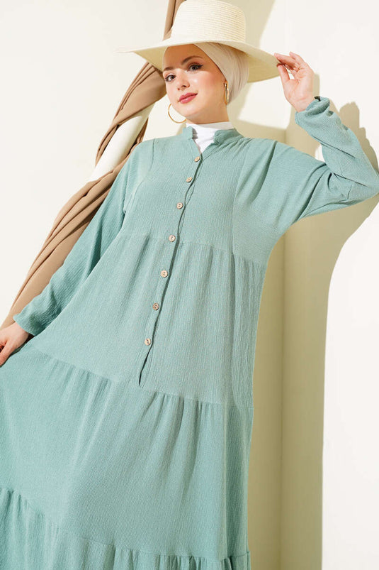 Bürümcük Önü Düğmeli Elbise Çağla Yeşili