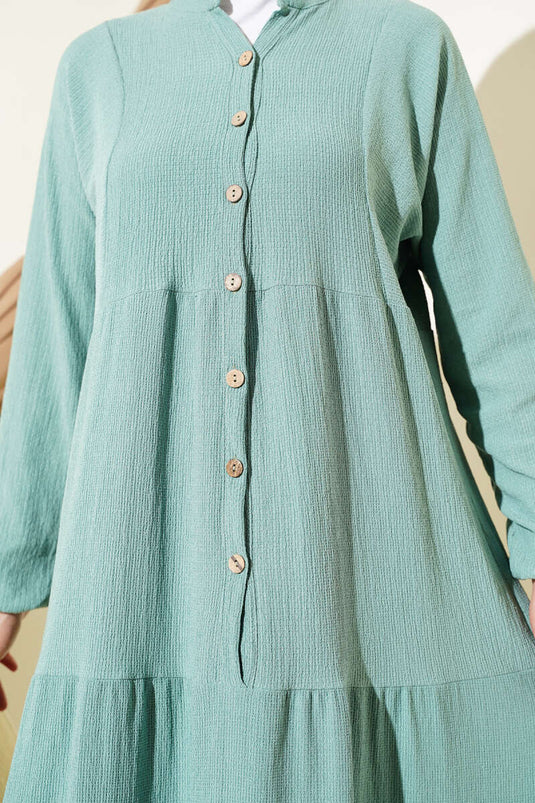 Bürümcük Önü Düğmeli Elbise Çağla Yeşili