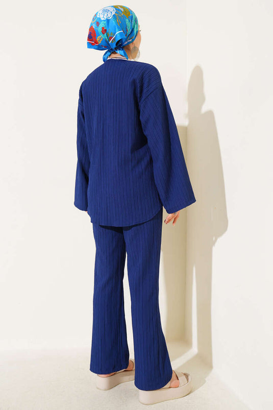 Burgundy Laced Front Two Piece Suit Navy Blue