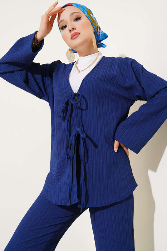 Burgundy Laced Front Two Piece Suit Navy Blue