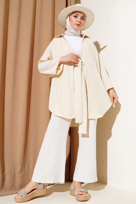 Beige Kimono with Crepe Collar Tie