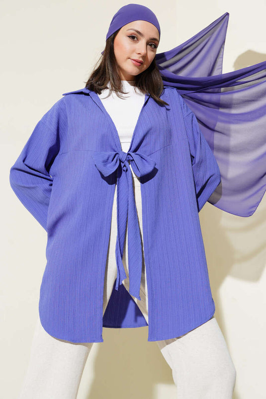Crepe Collar Tied Kimono Blue