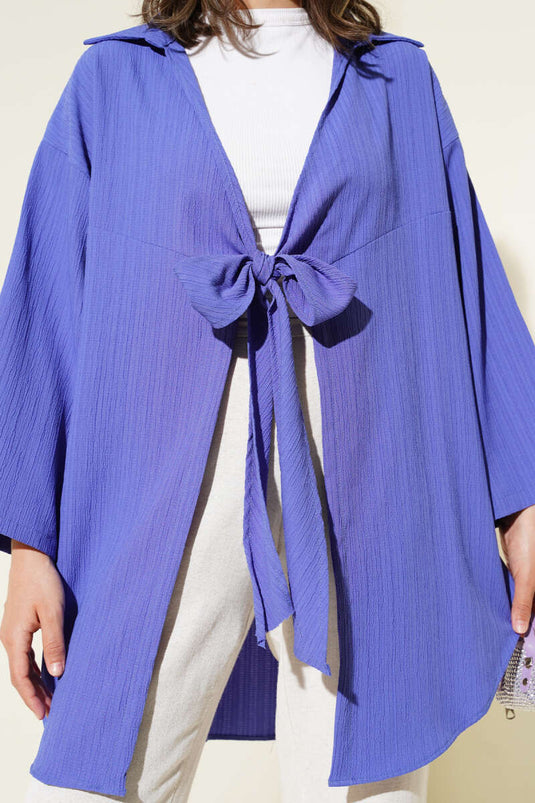 Crepe Collar Tied Kimono Blue