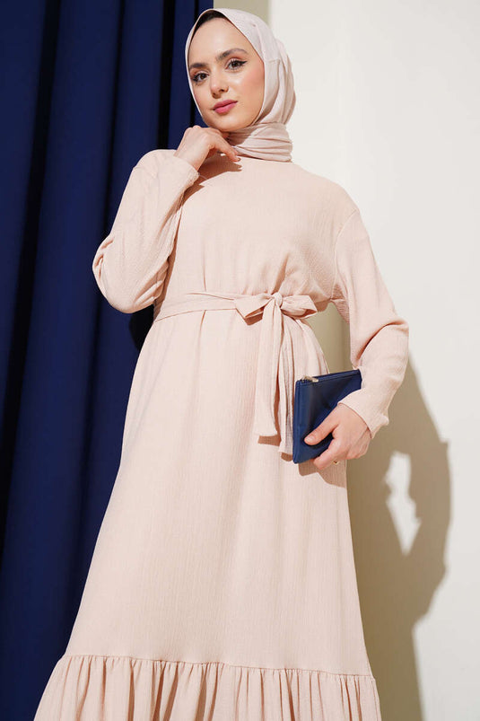 Beige Pleated Belted Layered Dress