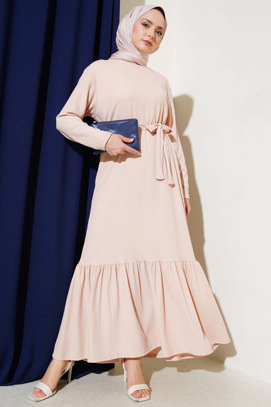 Beige Pleated Belted Layered Dress