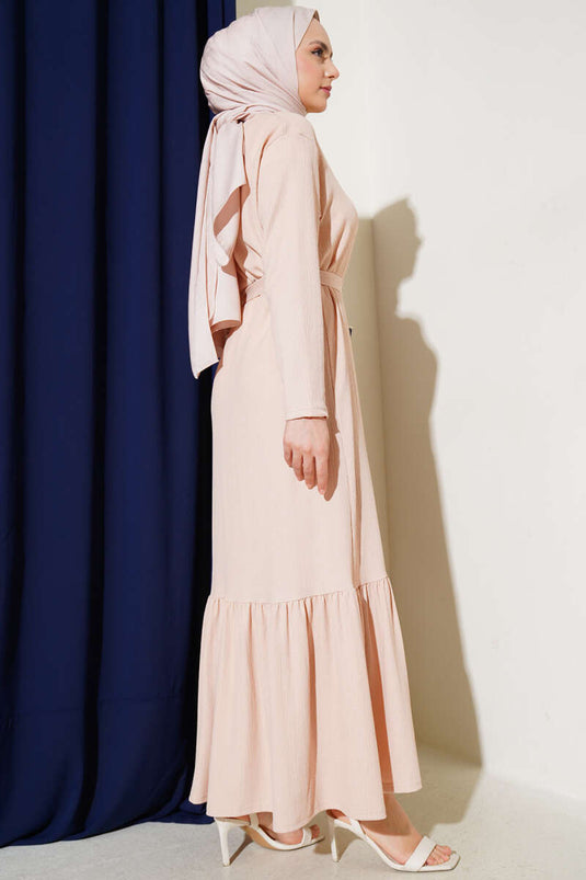 Beige Pleated Belted Layered Dress