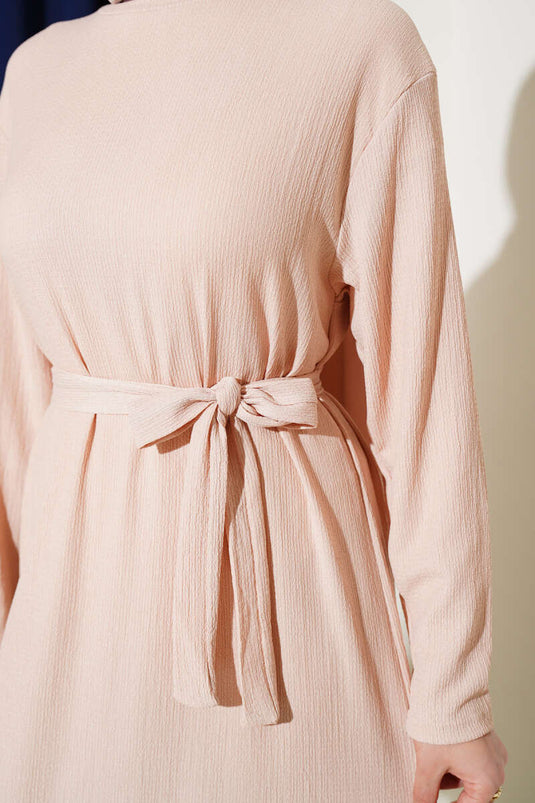 Beige Pleated Belted Layered Dress