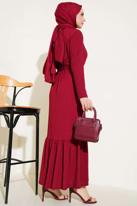 Crepe Belted Layered Dress Burgundy