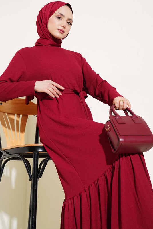 Crepe Belted Layered Dress Burgundy