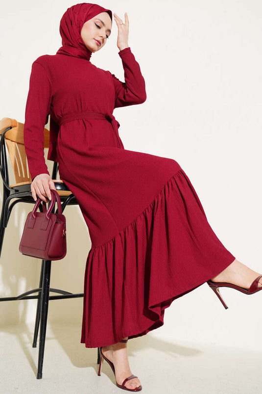 Crepe Belted Layered Dress Burgundy