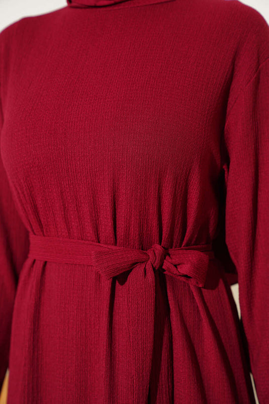 Crepe Belted Layered Dress Burgundy