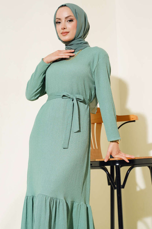 Bürümcüklü Kuşaklı Kat Elbise Çağla Yeşili