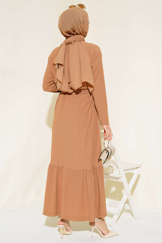 Ruffled Belted Midi Dress Camel