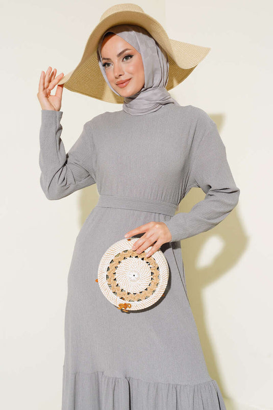 Pleated Belted Midi Dress Gray