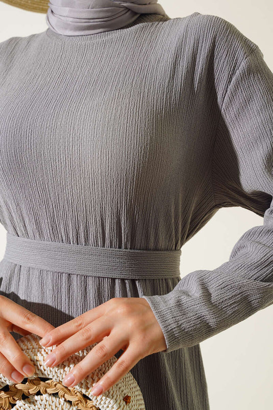 Pleated Belted Midi Dress Gray