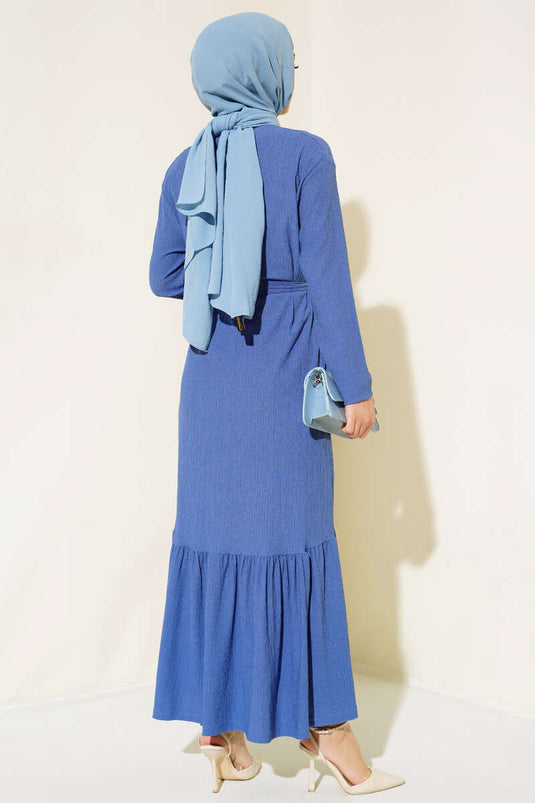 Robe longue à ceinture plissée indigo