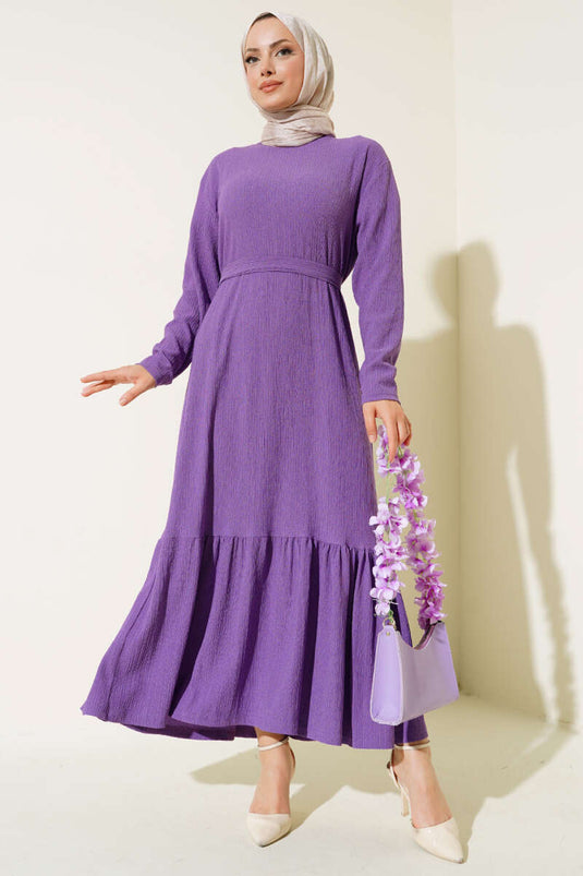 فستان متعدد الطبقات بحزام أرجواني