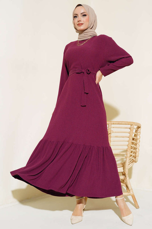 Pleated Belted Layered Dress Plum