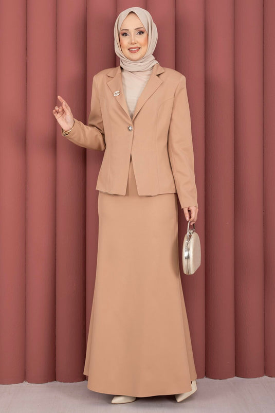 Business Blazer Jacket Skirt Two-Piece Set Camel