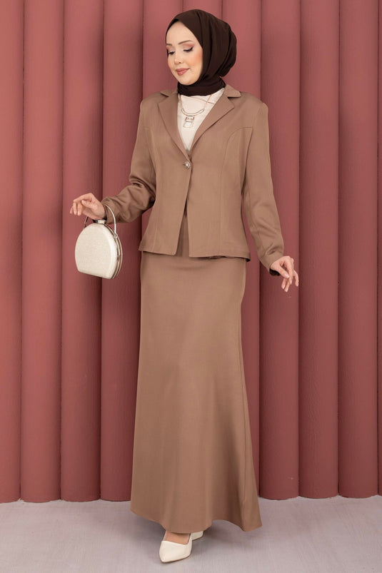 Business Blazer Jacket Skirt Two-Piece Set Brown