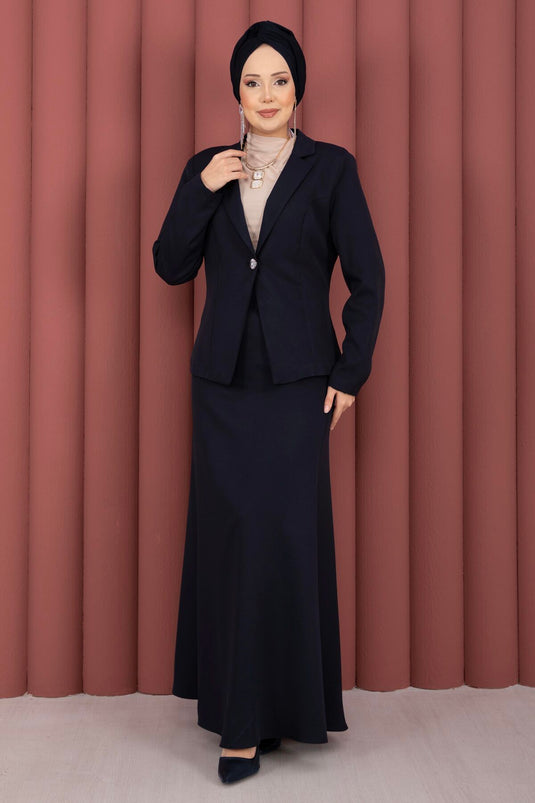 Business Blazer Jacket Skirt Two-Piece Set Navy Blue