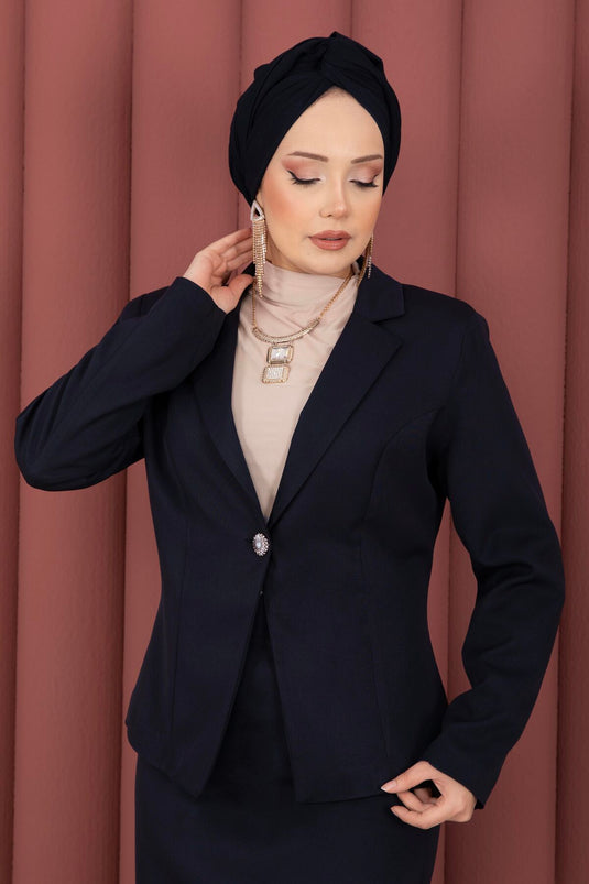 Business Blazer Jacket Skirt Two-Piece Set Navy Blue